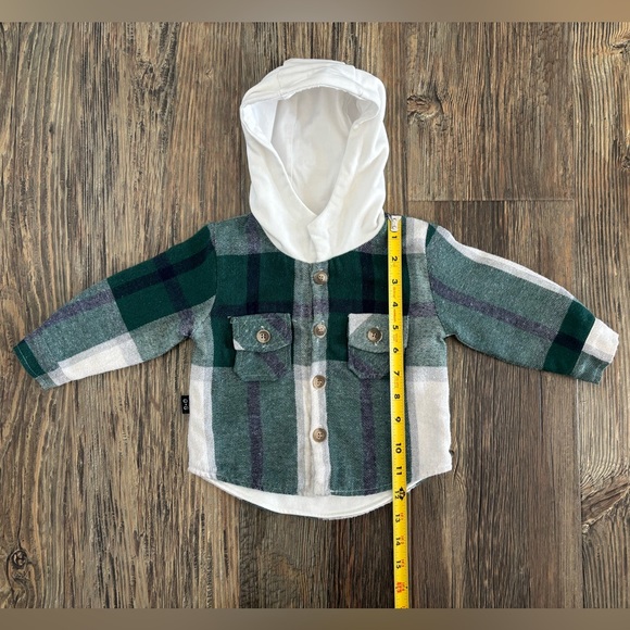 OLIVE+SCOUT Boys 6-12 Months Timber Shacket Green Plaid Hooded Flannel Jacket - Picture 4 of 10